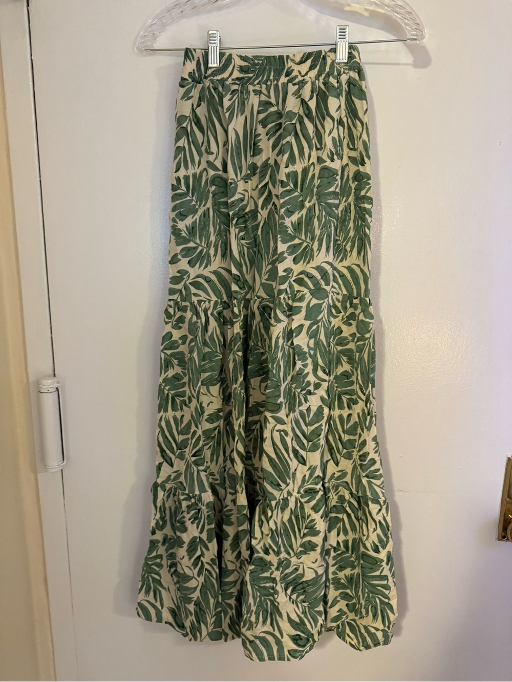 Tiered Maxi Skirt with Green Leaf Print